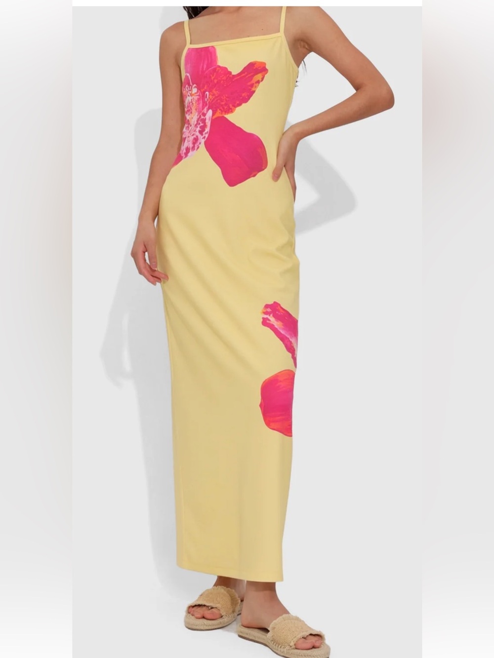 ShoeDazzle Yellow Orchid Print Strappy Maxi Dress – Size XL – NWT